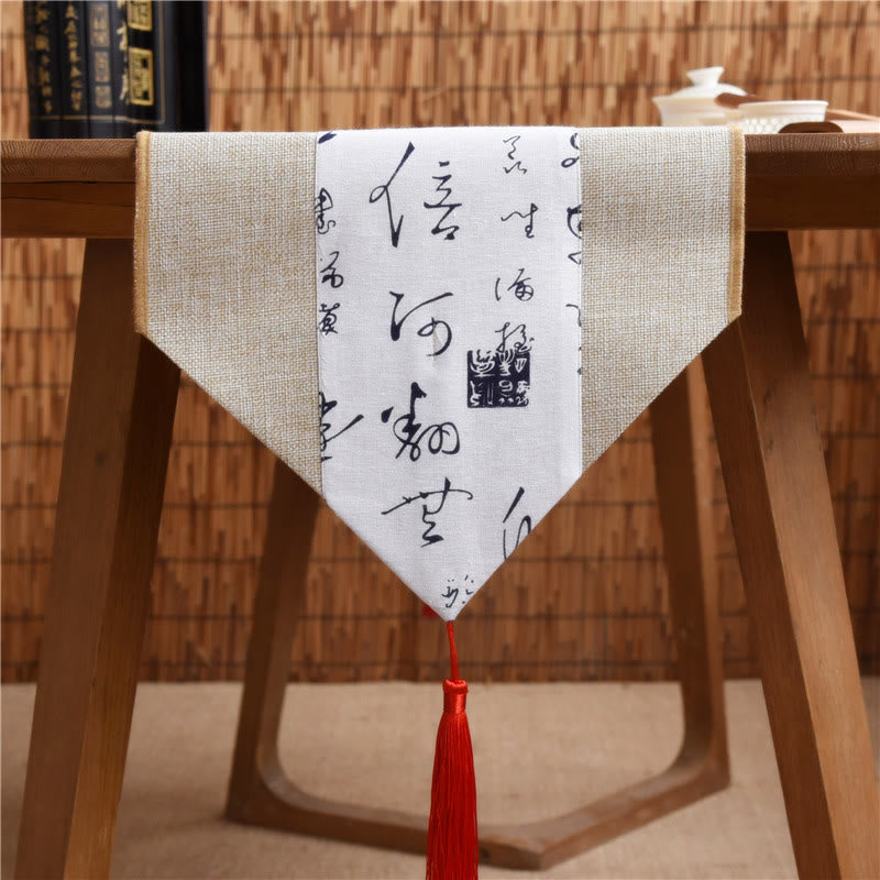 Mythstone Classic Chinese Style Lotus Koi Fish Flower Crane Calligraphy Enlightenment Cotton Linen Tassels Table Runner