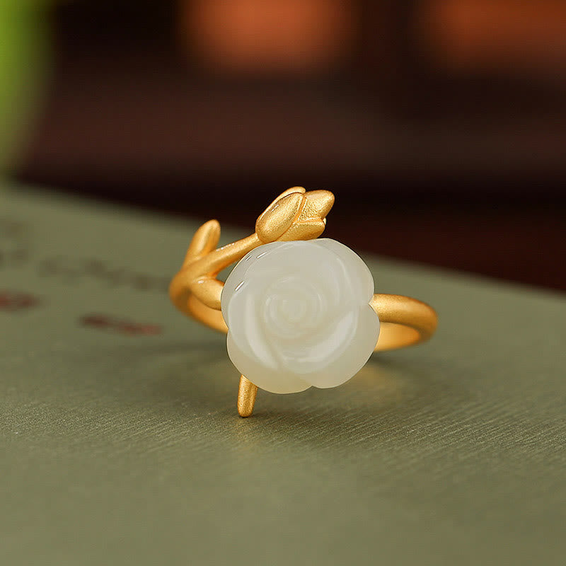 Mythstone 925 Sterling Silver Plated Gold Rose Flower Hetian White Jade Happiness Ring