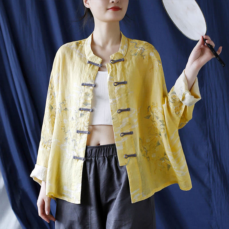 Mythstone Yellow Phoenix Print Frog-button Design Long Sleeve Ramie Linen Jacket Shirt