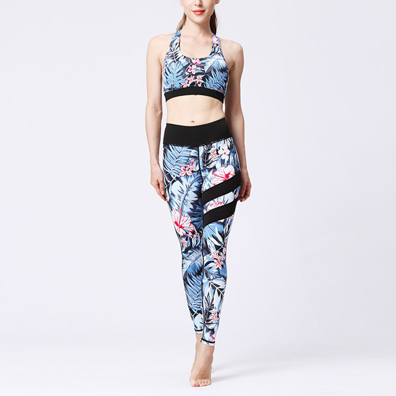 Mythstone 2Pcs Sunflower Flowers Leaves Print Top Pants Sports Fitness Yoga Women's Yoga Sets