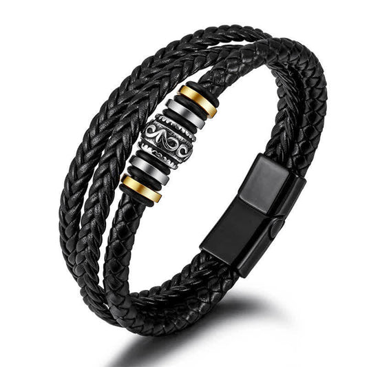 Mythstone Leather Layered Titanium Steel Balance Braided Bracelet