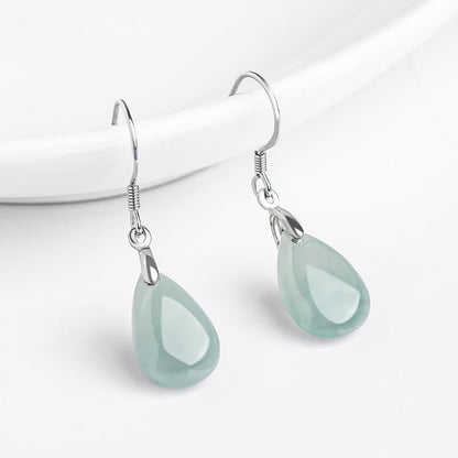 Mythstone 925 Sterling Silver Jade Water Drop Pattern Luck Prosperity Dangle Earrings