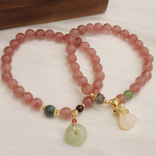 Mythstone Natural Strawberry Quartz Jade Peace Buckle Coin Purse Healing Bracelet