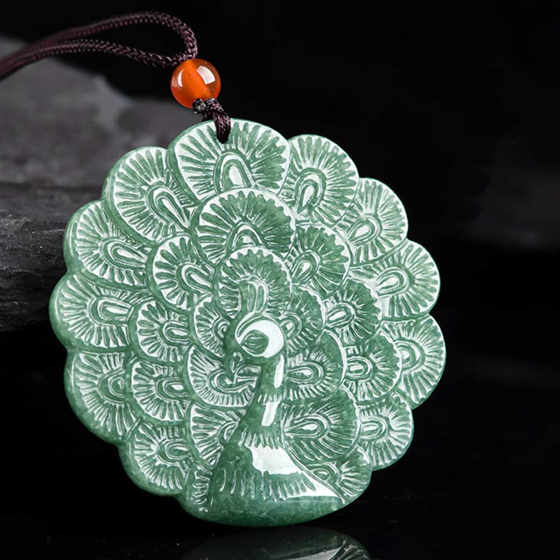 Mythstone Natural Jade Peacock Luck Prosperity Necklace Pendant