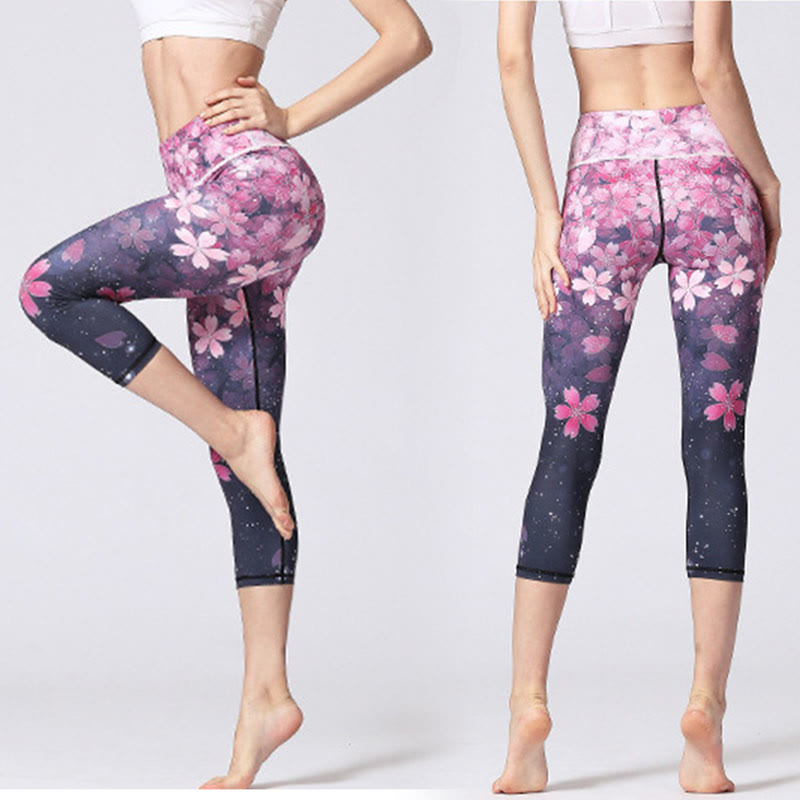 Mythstone Cherry Blossoms Sakura Lines Print Sports Yoga Cropped Leggings Women's Yoga Capri Pants