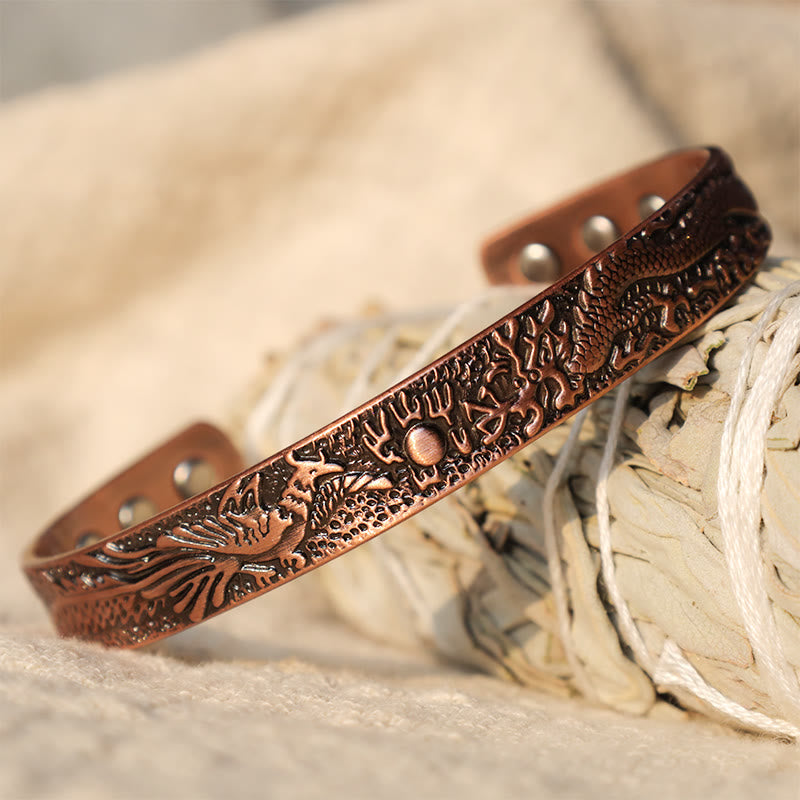 Mythstone Dragon Phoenix Magnetic Solid Copper Cuff Bracelet Bangle