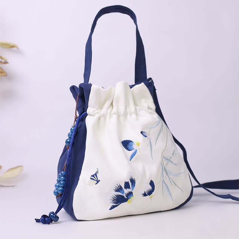 Mythstone Embroidered Butterfly Lotus Magnolia Cotton Linen Tote Crossbody Bag Shoulder Bag Handbag