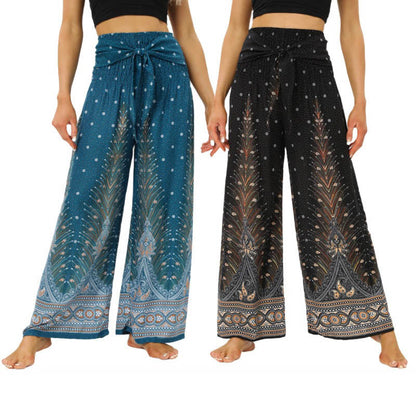 Mythstone Boho Peacock Feathers Lace-up Wide Leg Pants Women's Yoga Pants