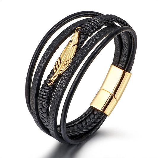 Mythstone Feather Pattern Multilayer Leather Titanium Steel Calm Braided Magnetic Buckle Bracelet