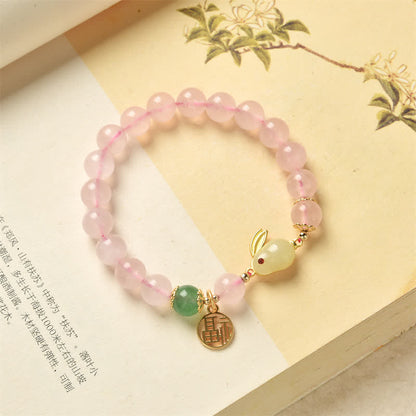 Pulsera de conejito de amor y felicidad con ágata verde y cristal rosa natural del año del conejo