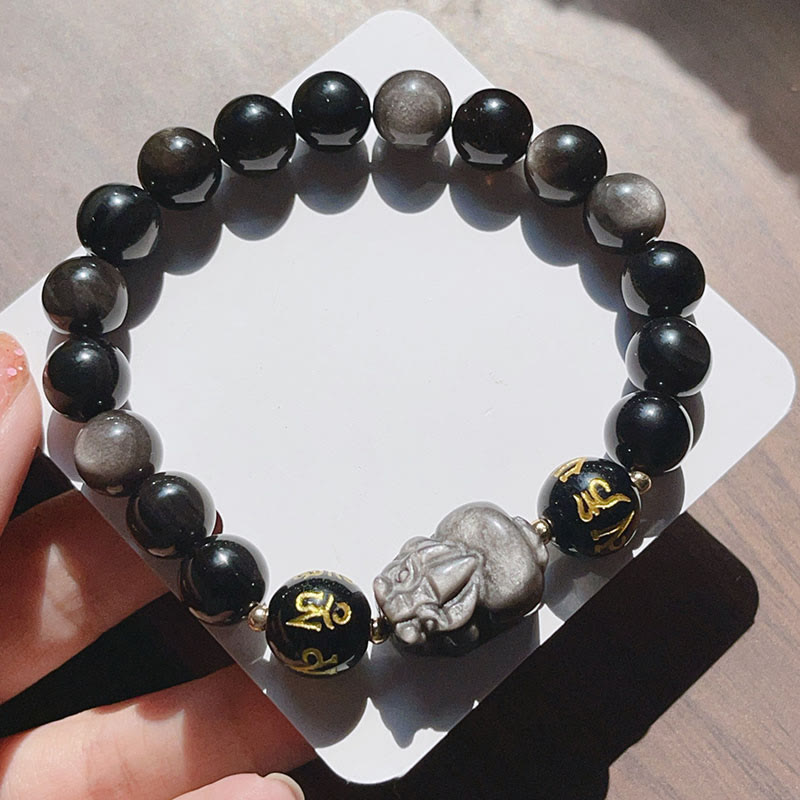 Mythstone Natural Silver Sheen Obsidian Black Obsidian Om Mani Padme Hum Pixiu Protection Bracelet