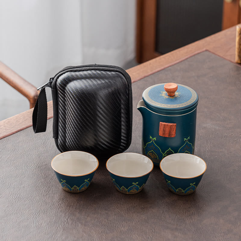 Mythstone Flower Chinese Gongfu Ceramic Teapot Portable Outdoor Travel Tea Set Bag