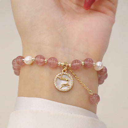 Mythstone Strawberry Quartz Pearl Elk Smiley Face Fishtail Fu Character Charm Healing Bracelet