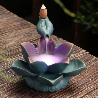 Mythstone Lotus Flower Leaf Frog Butterfly Pattern Healing Ceramic Incense Burner Decoration