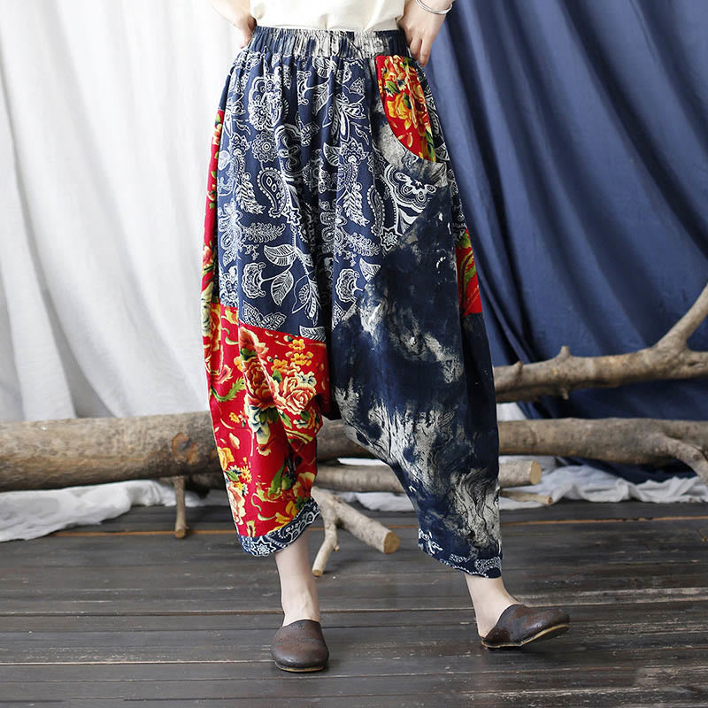 Mythstone Blue Red Peony Flowers Patchwork Cotton Linen Harem Pants With Pockets