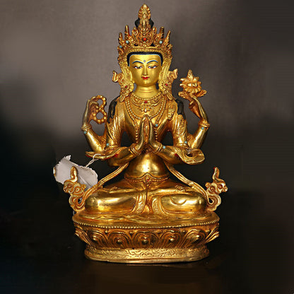 Mythstone Bodhisattva Tara Chenrezig Four-armed Avalokitesvara Protection Copper Gold Plated Statue Decoration