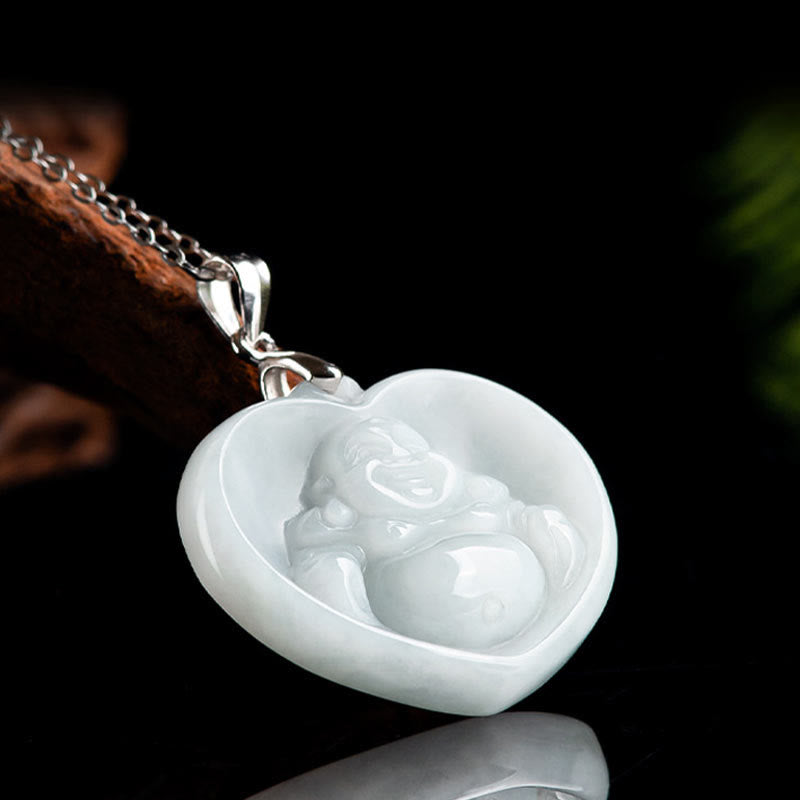 Mythstone 925 Sterling Silver Laughing Buddha White Jade Luck Blessing Necklace Pendant