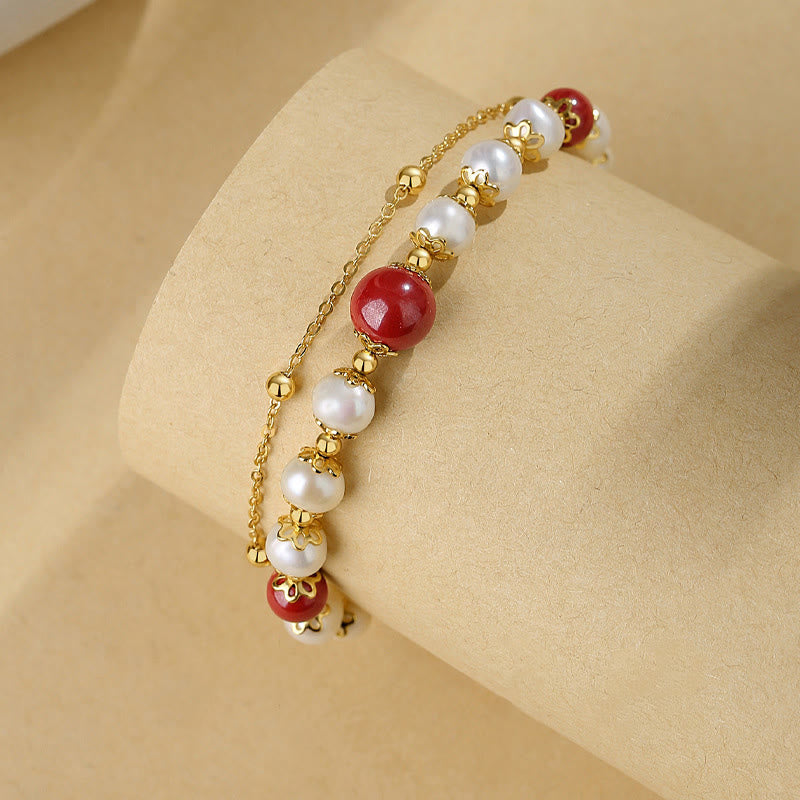 Mythstone 925 Sterling Silver Pearl Cinnabar Wisdom Bead Double Layer Chain Bracelet