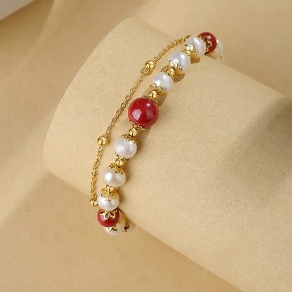 Mythstone 925 Sterling Silver Pearl Cinnabar Wisdom Bead Double Layer Chain Bracelet