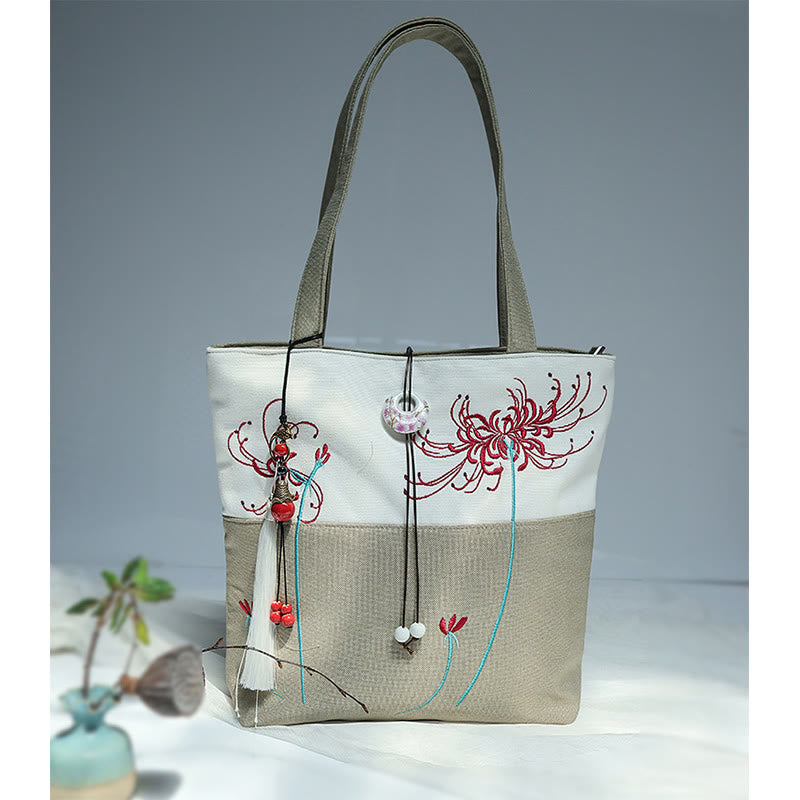 Mythstone Pear Flower Plum Peach Blossom Bamboo Embroidery Canvas Large Capacity Shoulder Bag Tote Bag