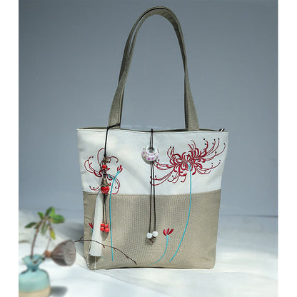 Mythstone Pear Flower Plum Peach Blossom Bamboo Embroidery Canvas Large Capacity Shoulder Bag Tote Bag