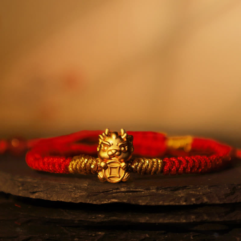 Mythstone 999 Sterling Silver Year of the Dragon Copper Coin Fortune Dragon Fu Character Luck Handcrafted Red String Braided Bracelet