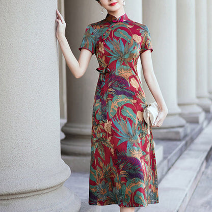 Mythstone Silk Qipao Dress Retro Flower Leaf Pattern Women's Cheongsam Dress