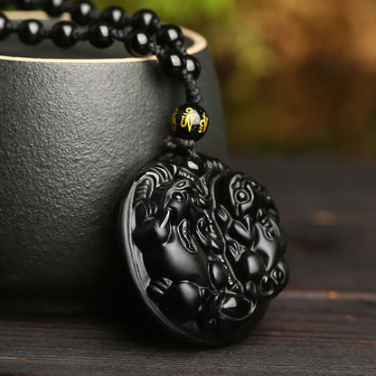 Mythstone Black Obsidian Double Pixiu Bead Rope Purification Necklace Pendant