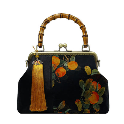 Mythstone Leaves Bird Branches Persimmon Flowers Bamboo Handles Handbag