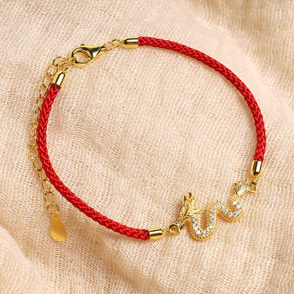 MythStone 925 Sterling Silver Year Of The Dragon Auspicious Golden Dragon Luck Red Rope Chain Bracelet