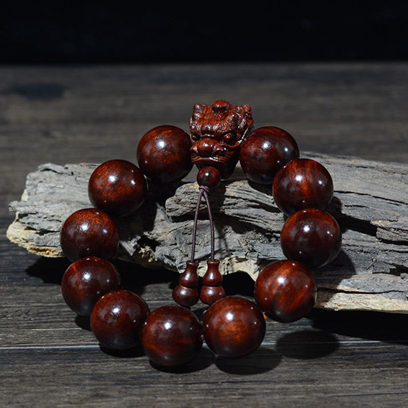 MythStone Rosewood Green Sandalwood Small Leaf Red Sandalwood Agarwood Dragon Carved Protection Bracelet