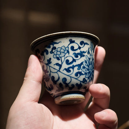 Mythstone Jingdezhen Blue and White Porcelain Hand Painted Lotus Plum Blossom Ceramic Teacup Kung Fu Tea Cups