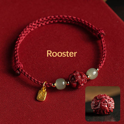 Mythstone Natural Cinnabar Chinese Zodiac Hetian Jade Fu Character Luck Rope Bracelet