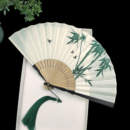 Mythstone Bamboo Koi Fish Crane Handheld Cotton Linen Folding Fan