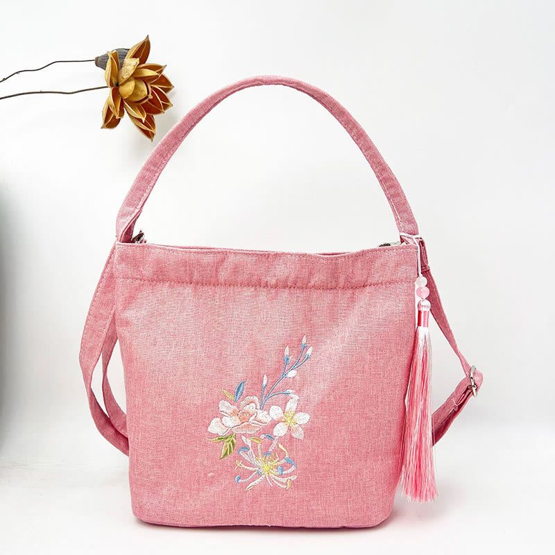 Mythstone Embroidery Wisteria Plum Lotus Cherry Blossom Cotton Linen Canvas Tote Crossbody Bag Shoulder Bag Handbag