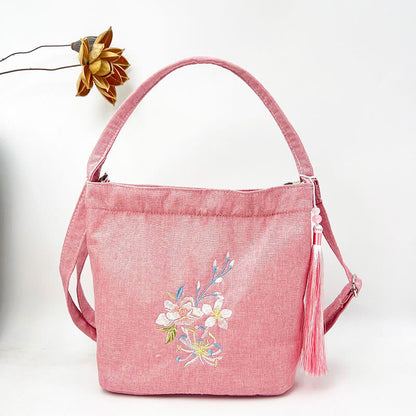 Mythstone Embroidery Wisteria Plum Lotus Cherry Blossom Cotton Linen Canvas Tote Crossbody Bag Shoulder Bag Handbag