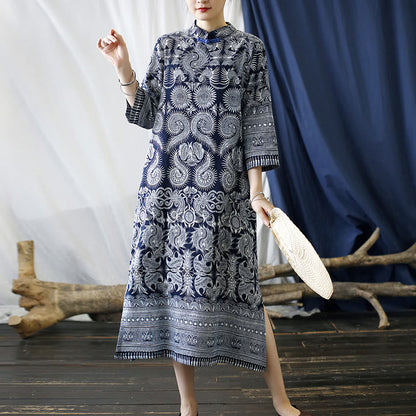 Mythstone Blue White Flower Frog-button Midi Dress Three Quarter Sleeve Linen Batik Dress With Pockets