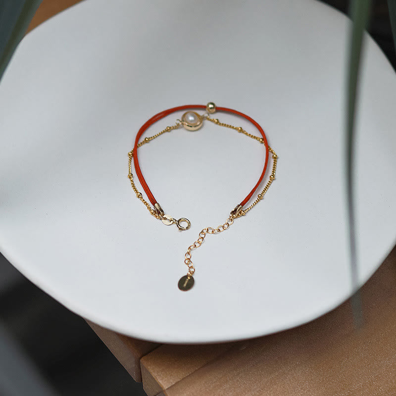 Mythstone 14K Gold Plated Pearl Bead Luck Red String Double Layer Bracelet