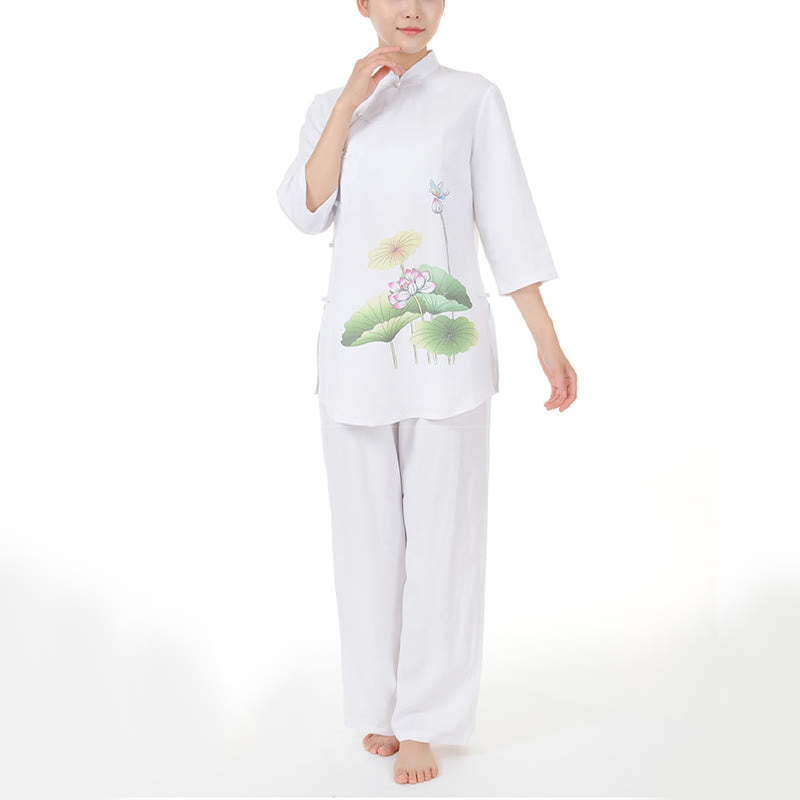 Mythstone 2Pcs White Lotus Flower Leaf Half Sleeve Shirt Top Pants Meditation Zen Tai Chi Linen Clothing Women's Set