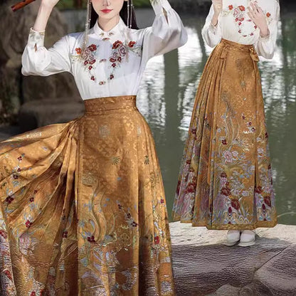 Mythstone Golden Flower Phoenix Embroidery Long Sleeve Shirt Top Chinese Hanfu Ming Dynasty Horse Face Skirt Mamianqun Skirt