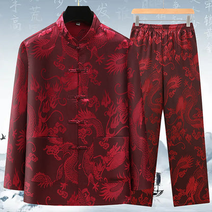 Mythstone Tang Suit Men Hanfu Chinese Dragon Traditional Clothes Kung Fu Shirt Uniform Long Sleeved Coat Tops and Pants Clothing Men's Set