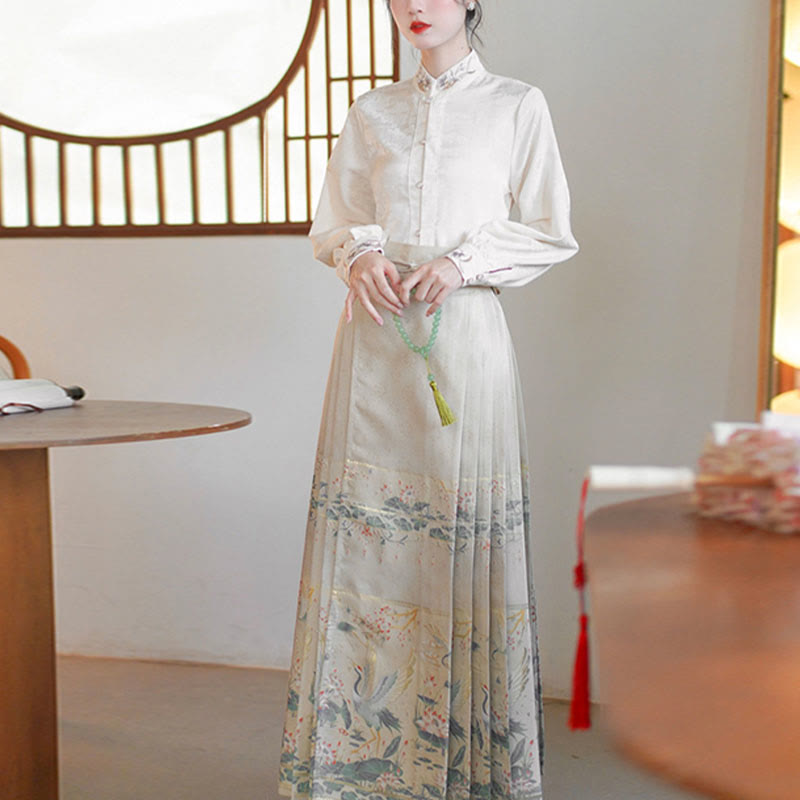 Mythstone Long Sleeve Shirt Top Chinese Hanfu Crane Lotus Printed Horse Face Skirt Mamianqun