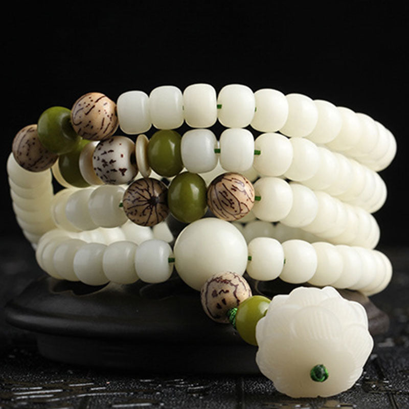 Mythstone White Jade Bodhi Lotus Mala Harmony Necklace Bracelet