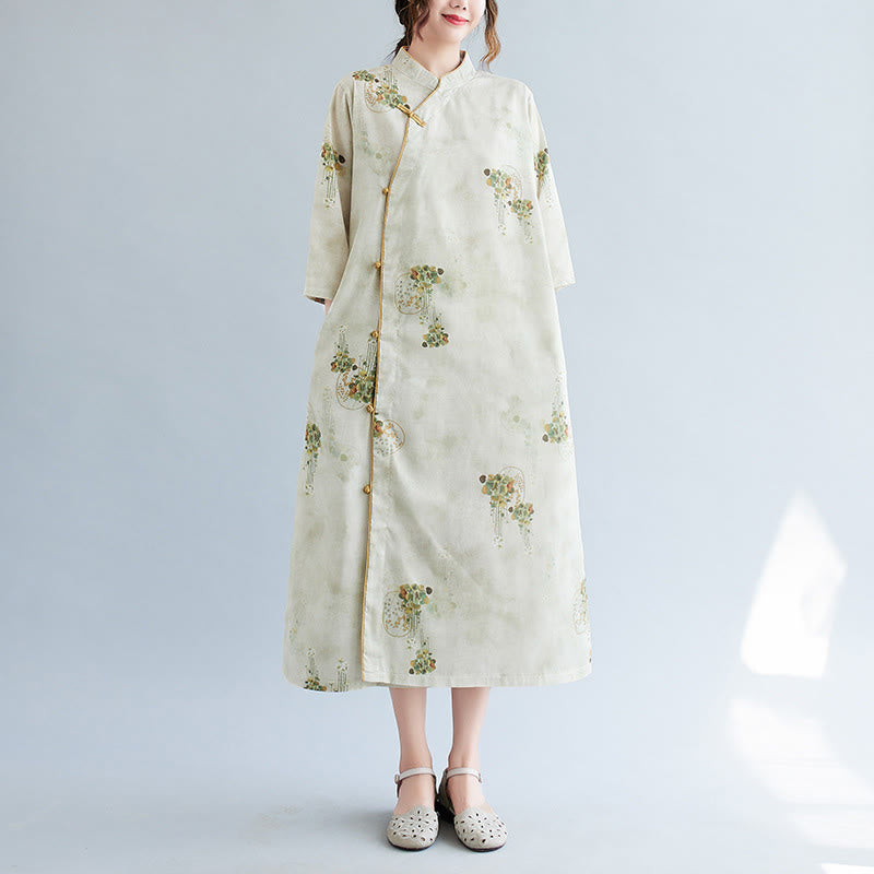 Mythstone Flowers Green Yellow Leaves Print Cheongsam Midi Dress Three Quarter Sleeve Dress With Pockets