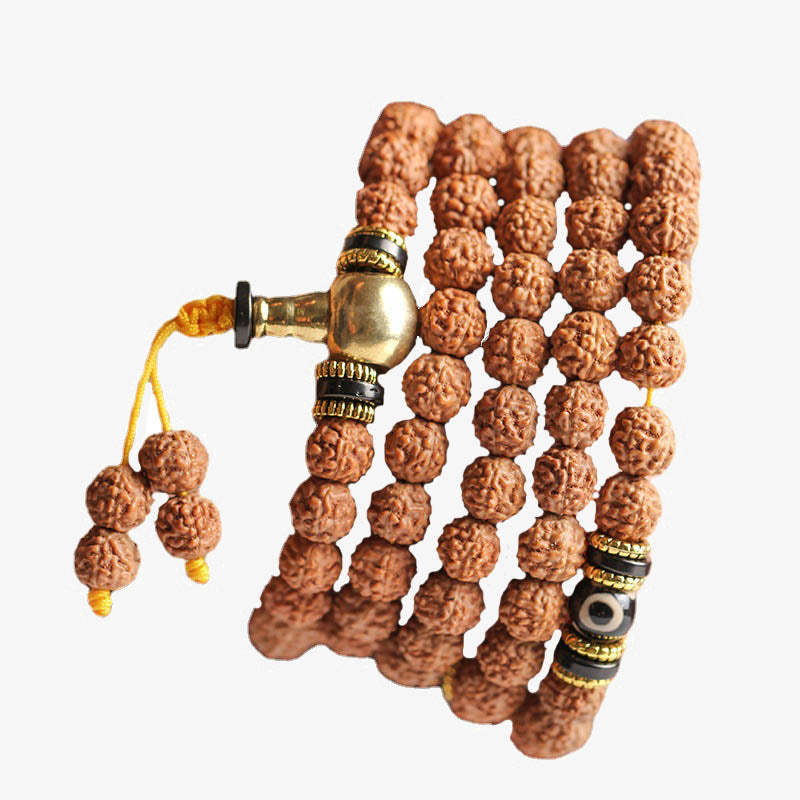 Mythstone 108 Mala Beads Rudraksha Bodhi Seed Dzi Bead Luck Wealth Bracelet