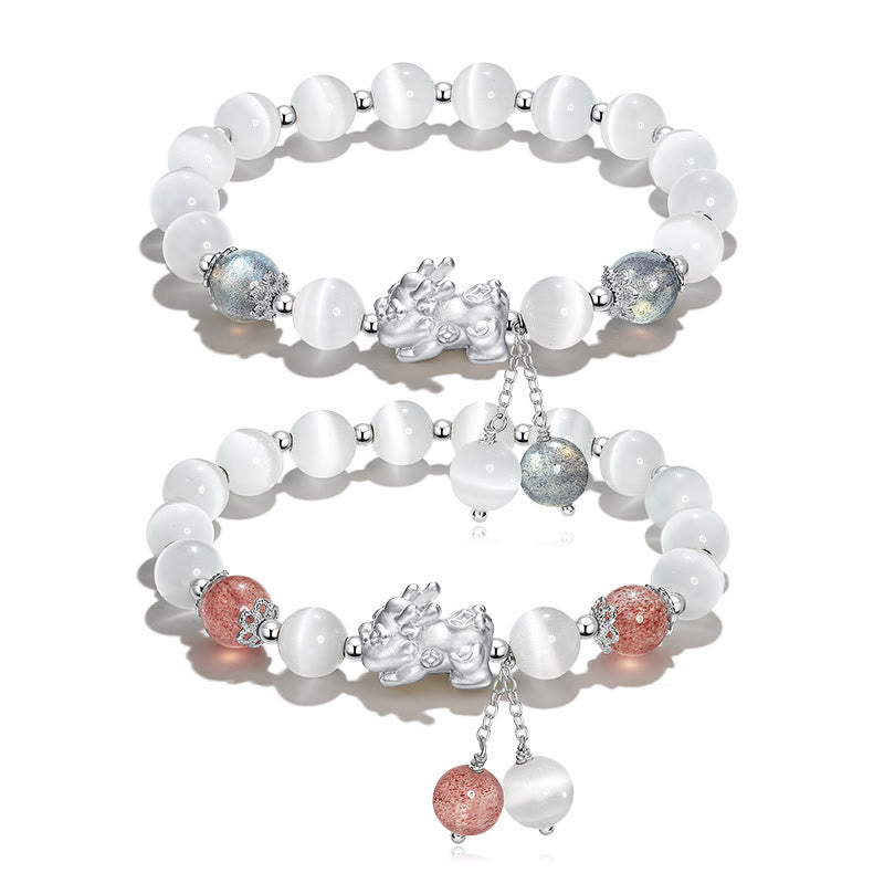 Mythstone Natural Cat's Eye Moonstone Strawberry Quartz PiXiu Support Bracelet