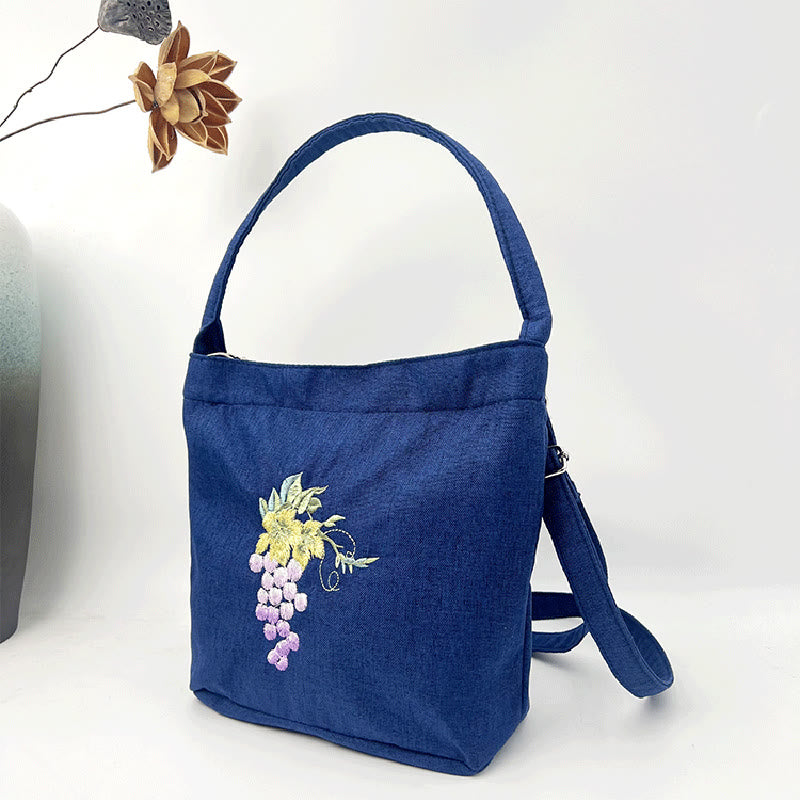 Mythstone Embroidery Wisteria Plum Lotus Cherry Blossom Cotton Linen Canvas Tote Crossbody Bag Shoulder Bag Handbag