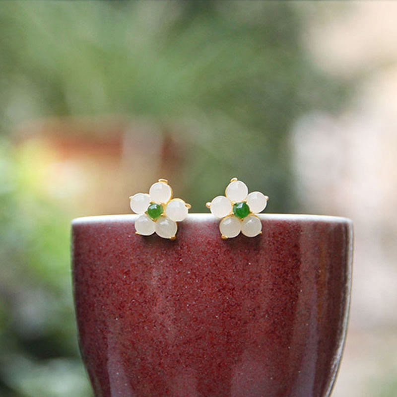 Mythstone White Jade Flower Luck Blessing Stud Earrings