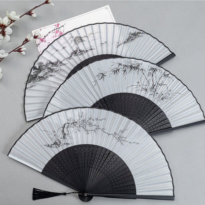 Mythstone Mountains Plum Blossom Lotus Magpie Bamboo Leaves Handheld Silk Bamboo Folding Fan 22.5cm