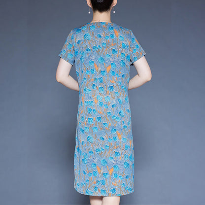 Mythstone V-Neck Tulip Flowers Short Sleeve Midi Dress With Pockets